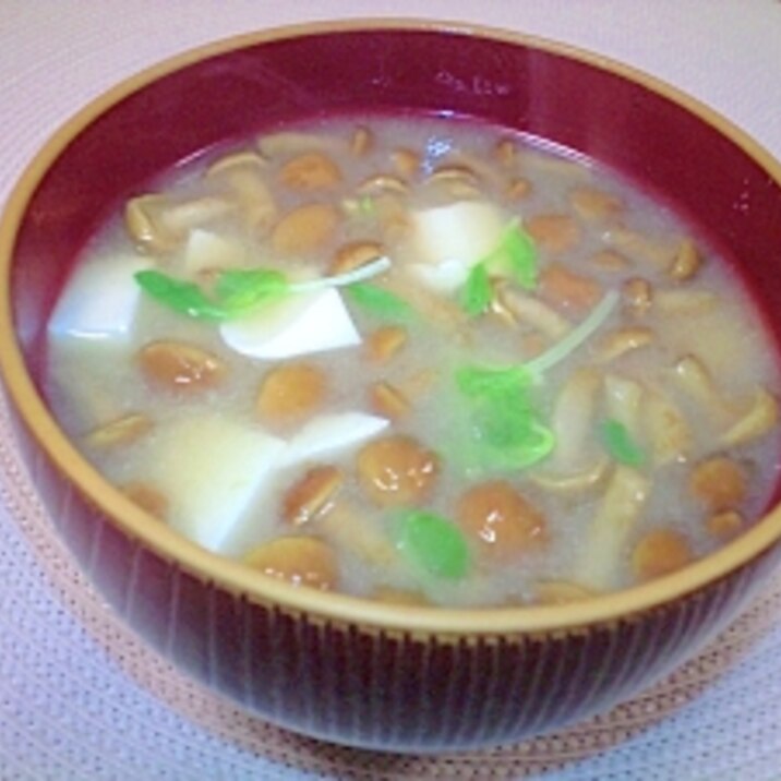 簡単☆お腹いっぱい☆なめこと豆腐と豆苗のお味噌汁